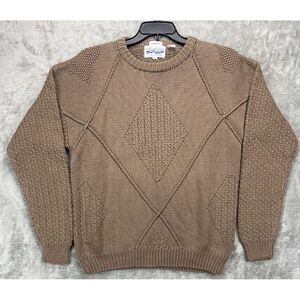 VTG Perry Ellis Hand Knit Sweater 3D Chunky Cable‎ Knit Size L Brown
